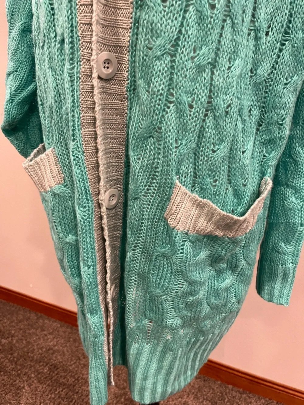 LuLaRoe oversized Teal Cable-Knit Cardigan with Gray Trim size‎ medium